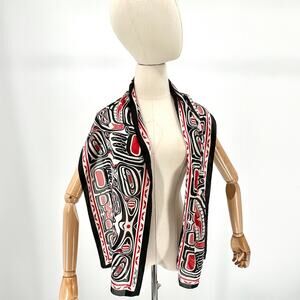 Vintage Y2K Clifton Fred 2001 Black Red Pacific Northwest Totem Art Scarf